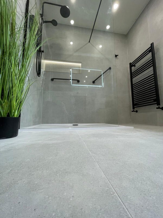 Claire Gris porcelain tile installed interior