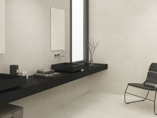 Ozone Pearl ceramic wall tile roomset with coordinating décor and floor tile