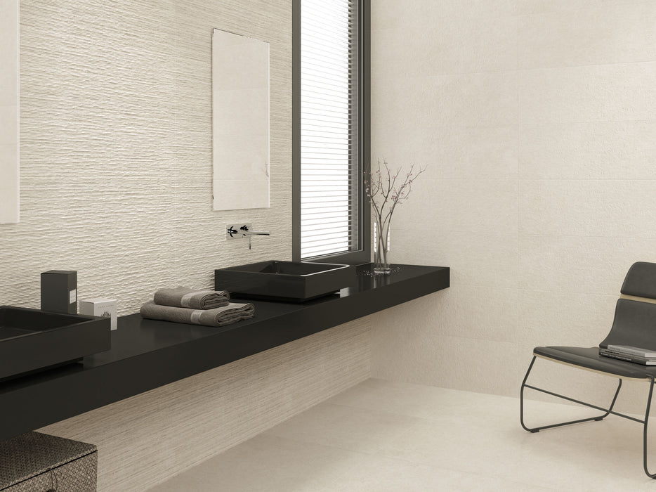 Ozone Pearl installed with coordinating Slot décor and floor tile