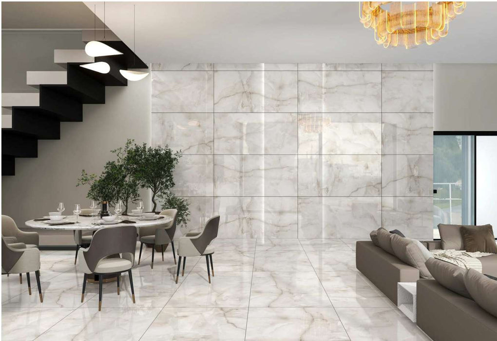 Aquarius Onyx Grey gloss porcelain tile installed roomset