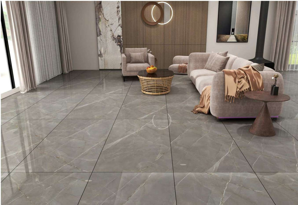 Arsenic Pigeon DK gloss porcelain tile installed roomset