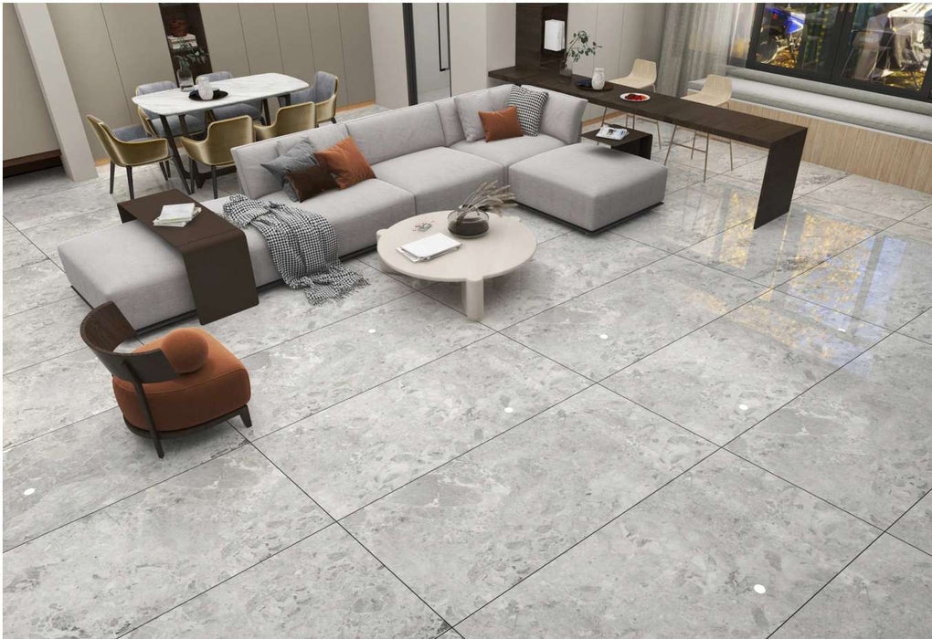 Breccia Grey gloss porcelain tile installed roomset