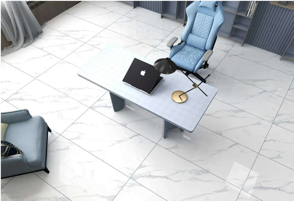 Calacatta Snow gloss porcelain tile installed roomset