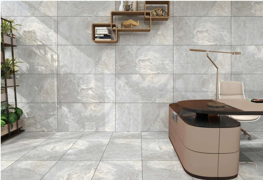 Ocean Azzurro gloss porcelain tile installed roomset